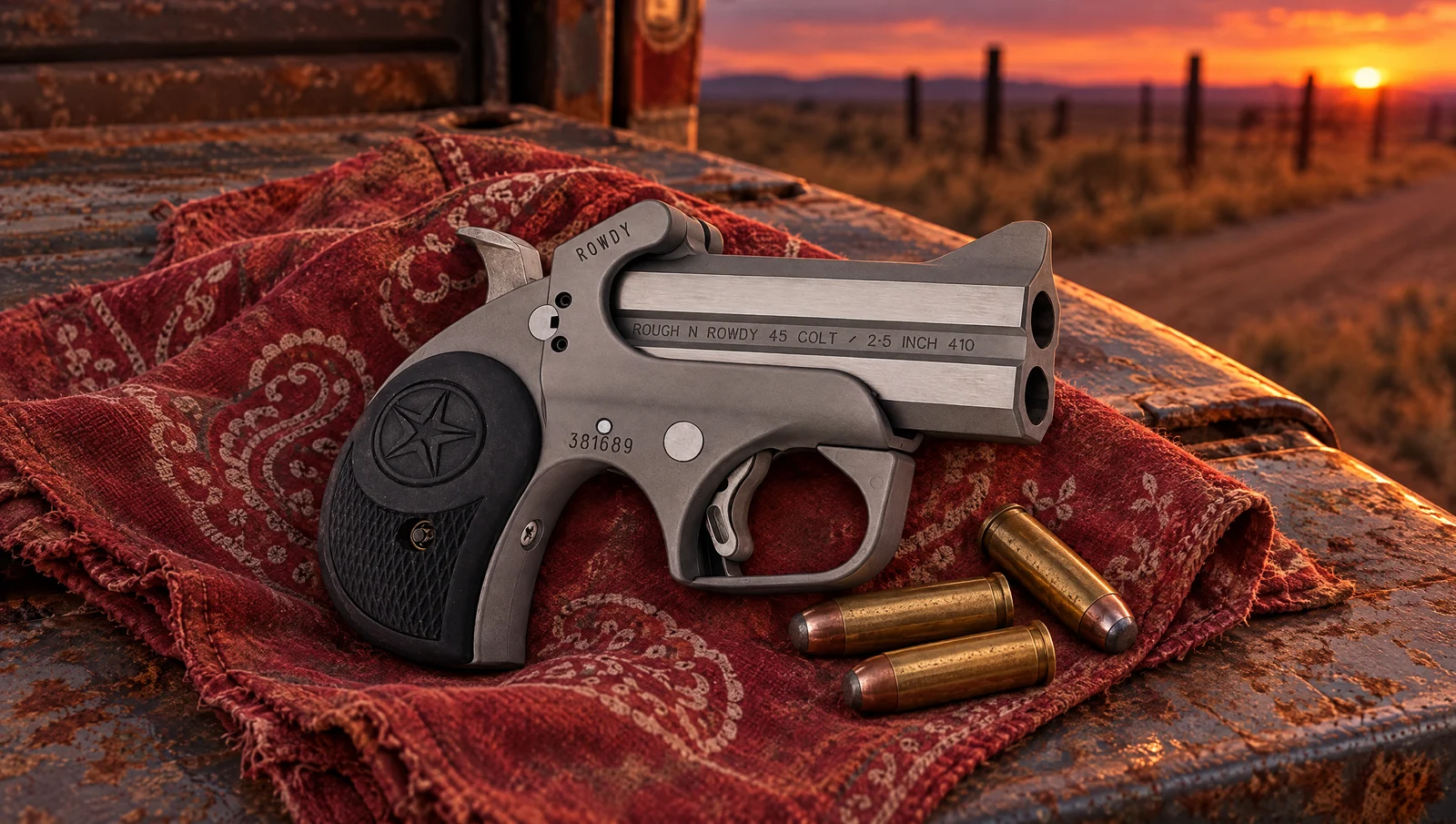Bond Arms Rowdy derringer stamped Rough N Rowdy 45 Colt 2.5 inch 410 on a red bandana on a pickup tailgate at dusk with .45 Colt cartridges