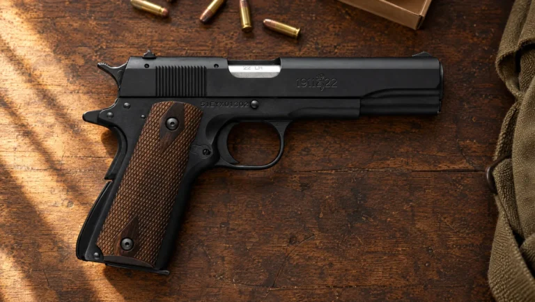 Browning 1911-22 A1 .22 LR pistol with walnut grips lying on a dark walnut workbench in late afternoon light beside loose .22 LR cartridges