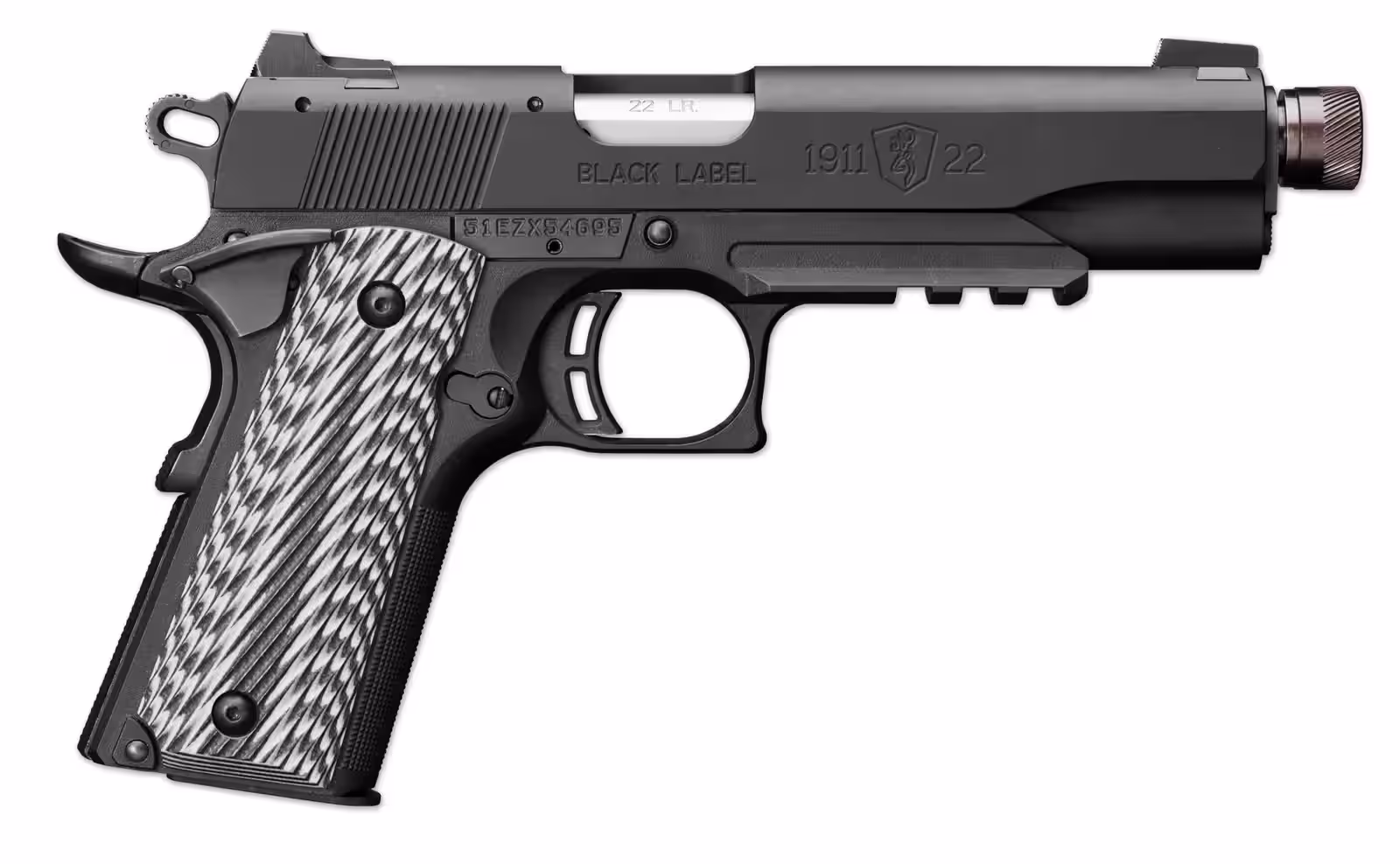 Browning 1911-22 Black Label Suppressor Ready 051820490 with threaded 4 7/8 inch barrel, thread protector, accessory rail and G-10 grips