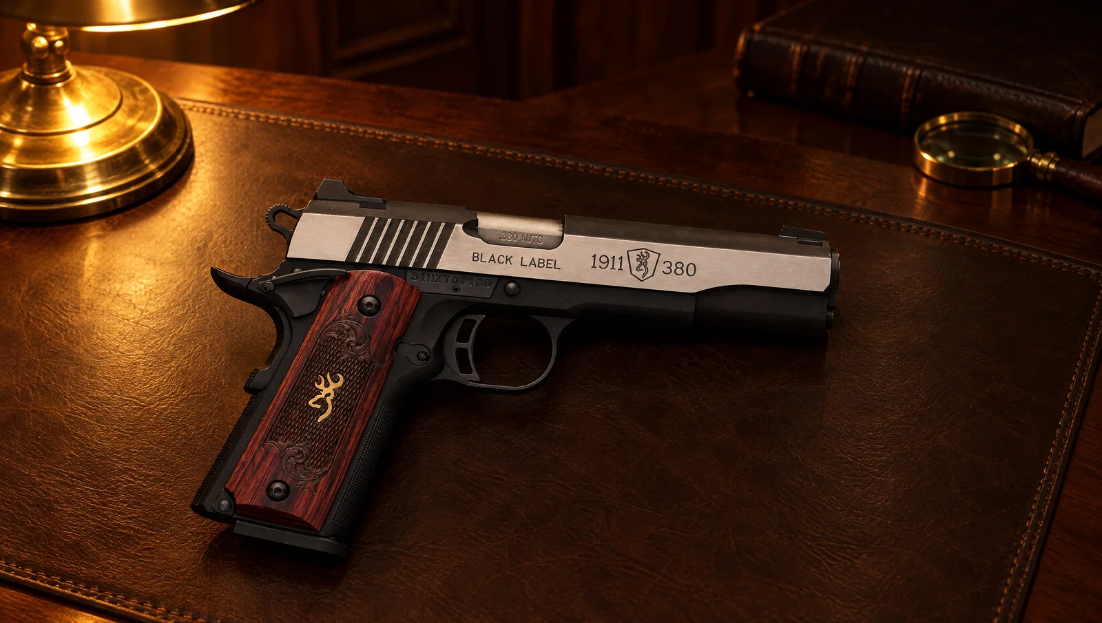 Browning 1911-380 Black Label Medallion Pro with brushed stainless flats and rosewood grips on a leather desk pad under a brass lamp at night