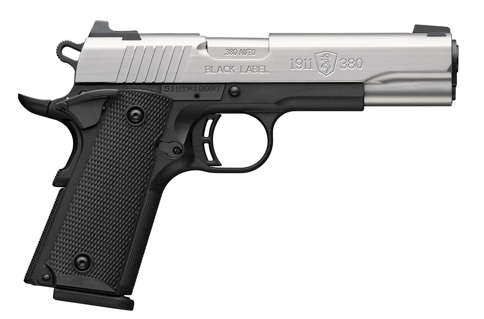 Browning 1911-380 Stainless Full Size 051118492 with satin stainless slide, black composite frame and checkered composite grips