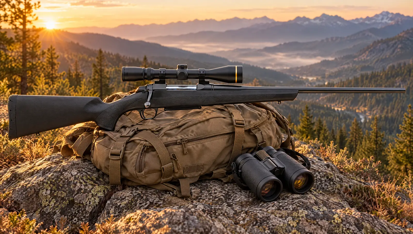 Browning AB3 Composite Stalker bolt-action rifle with a riflescope and black composite stock lying on a tan hunting backpack on a rocky mountain ridge at sunrise beside binoculars