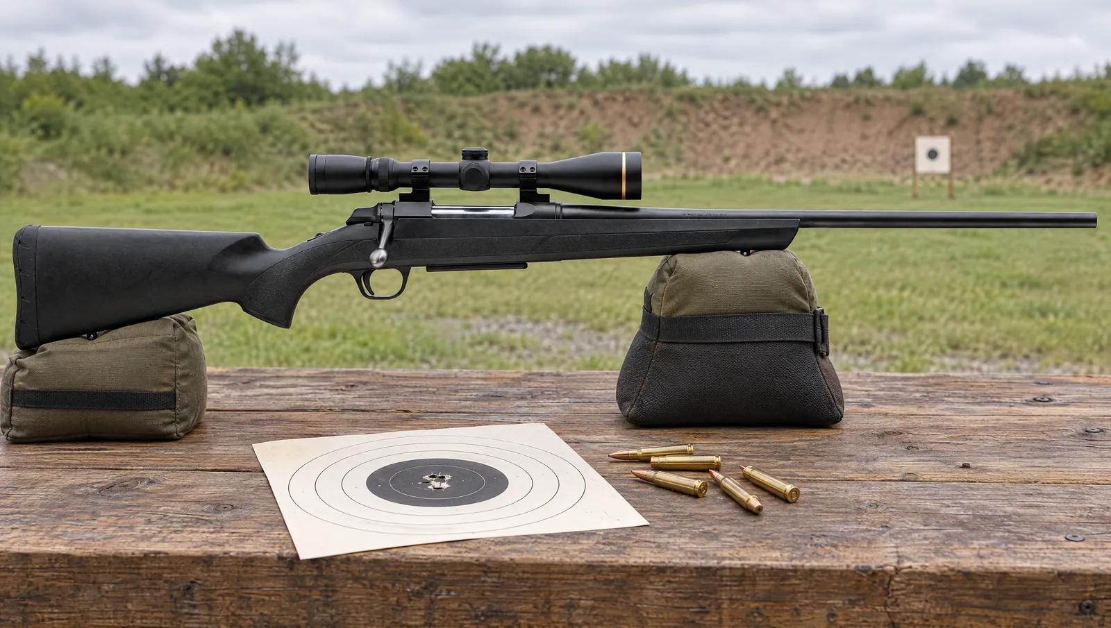 Browning AB3 Composite Stalker rifle resting on front and rear sandbags on a wooden range bench beside a paper target with a small group and loose rifle cartridges