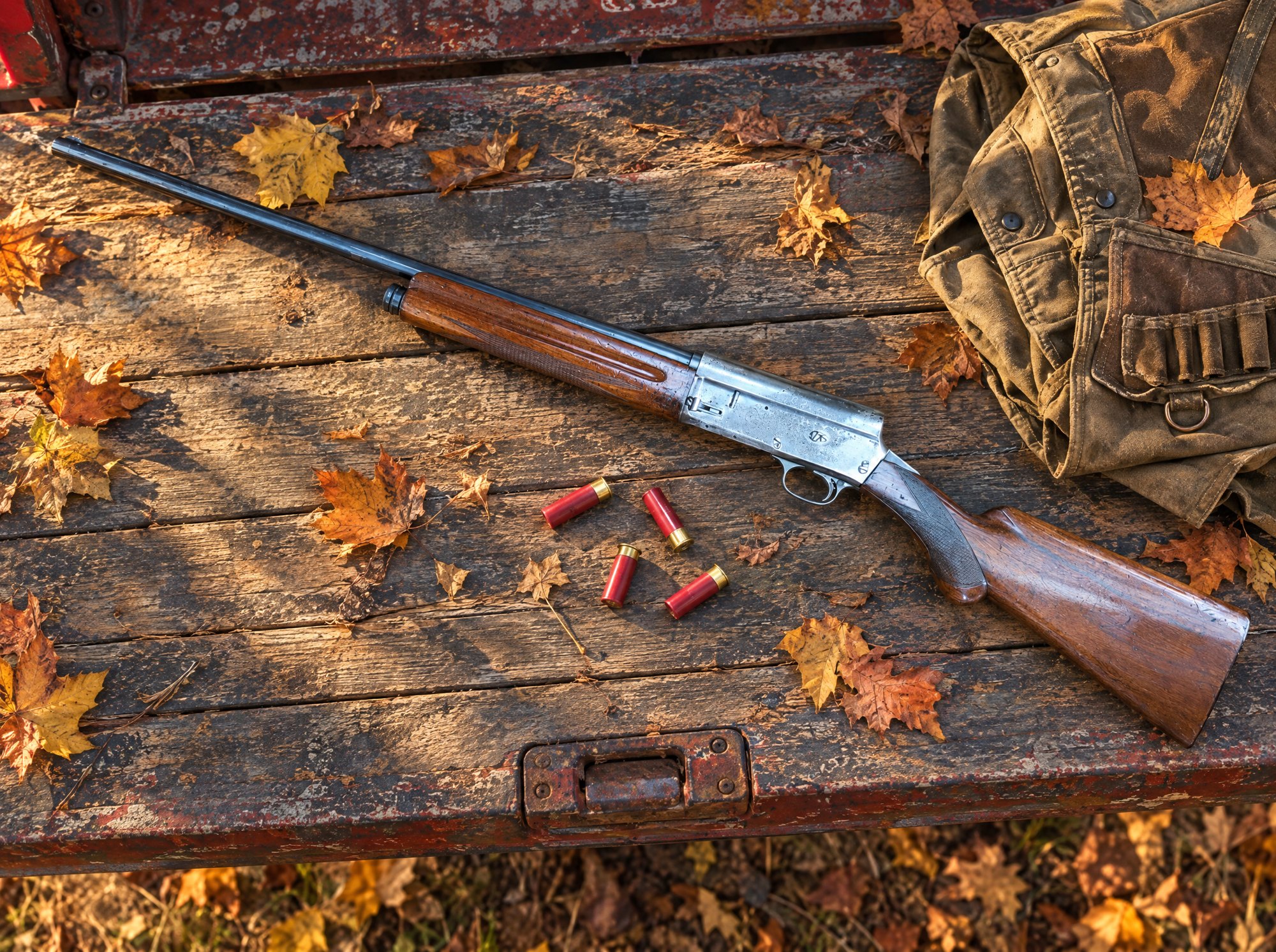 Browning Auto-5 16 gauge shotgun lying on a pickup tailgate with red shotshells and autumn leaves