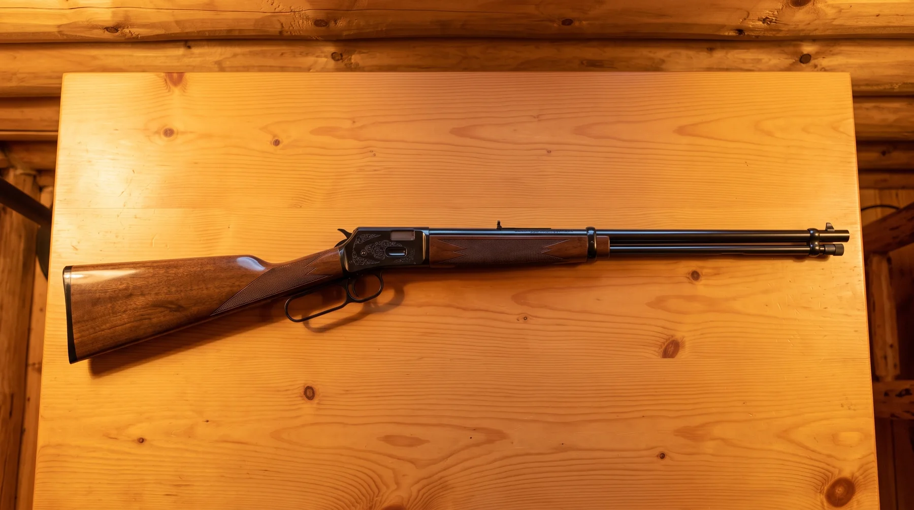 Browning BL-22 Grade II lever action .22 rifle lying on a pine cabin table, seen from above