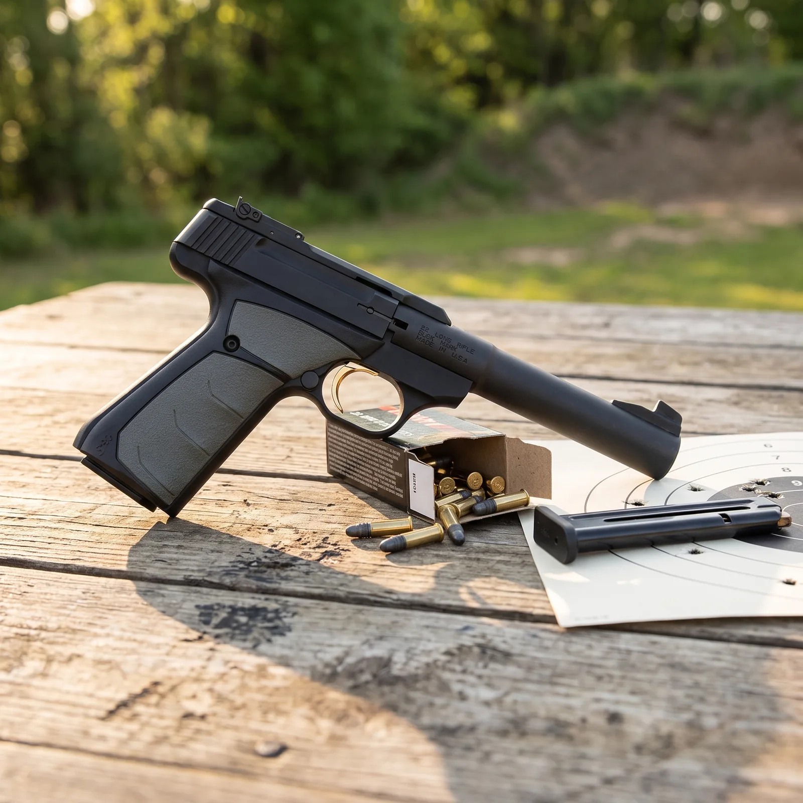 Browning Buck Mark Camper UFX on a wooden range bench with .22 LR ammunition and a target