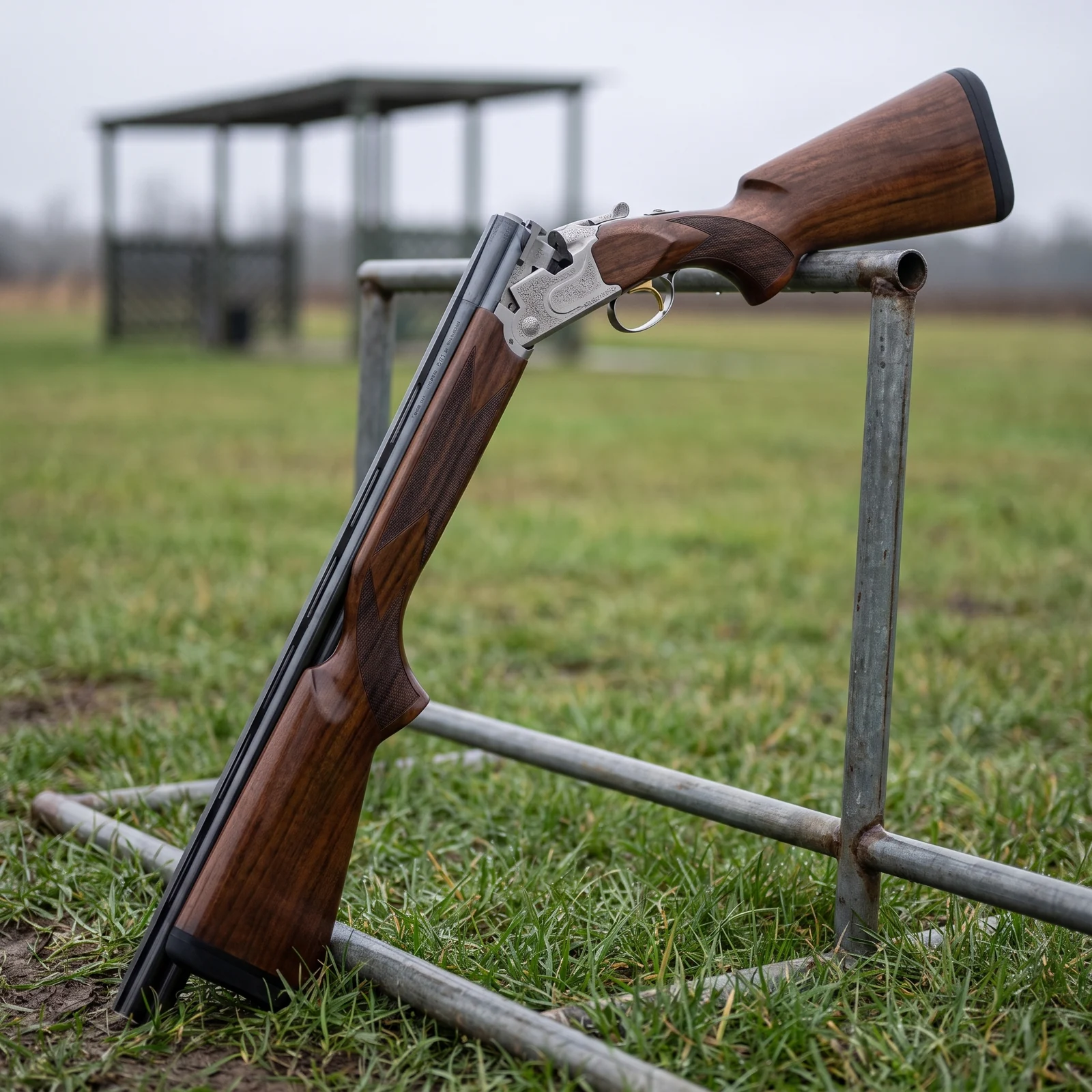 Browning Citori 725 broken open and standing in a steel gun rack at a sporting clays club under flat overcast daylight with a covered shooting station behind