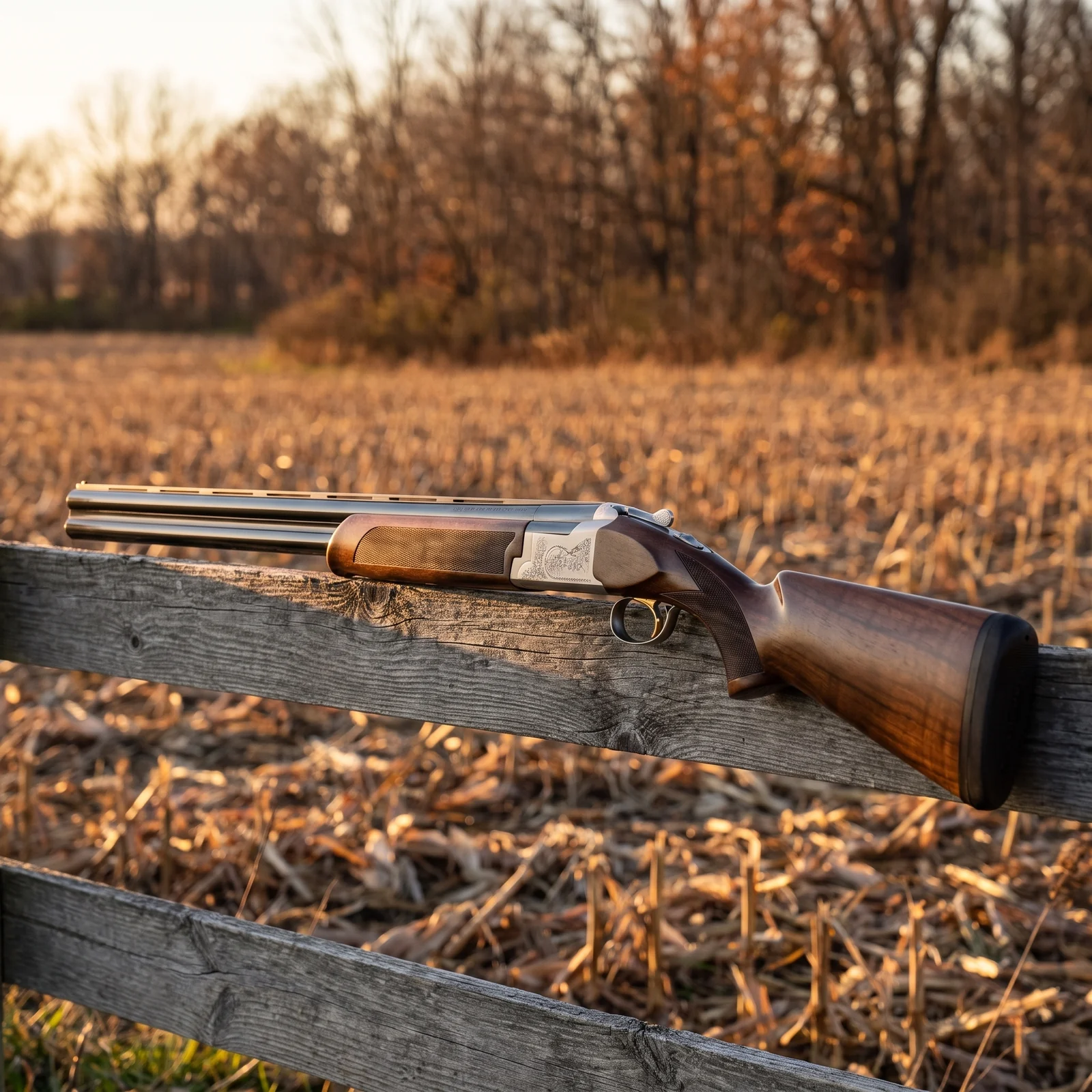 Browning Citori 725 Field over and under shotgun with silver nitride receiver and walnut stock resting on a weathered fence rail beside a harvested corn field in golden autumn light