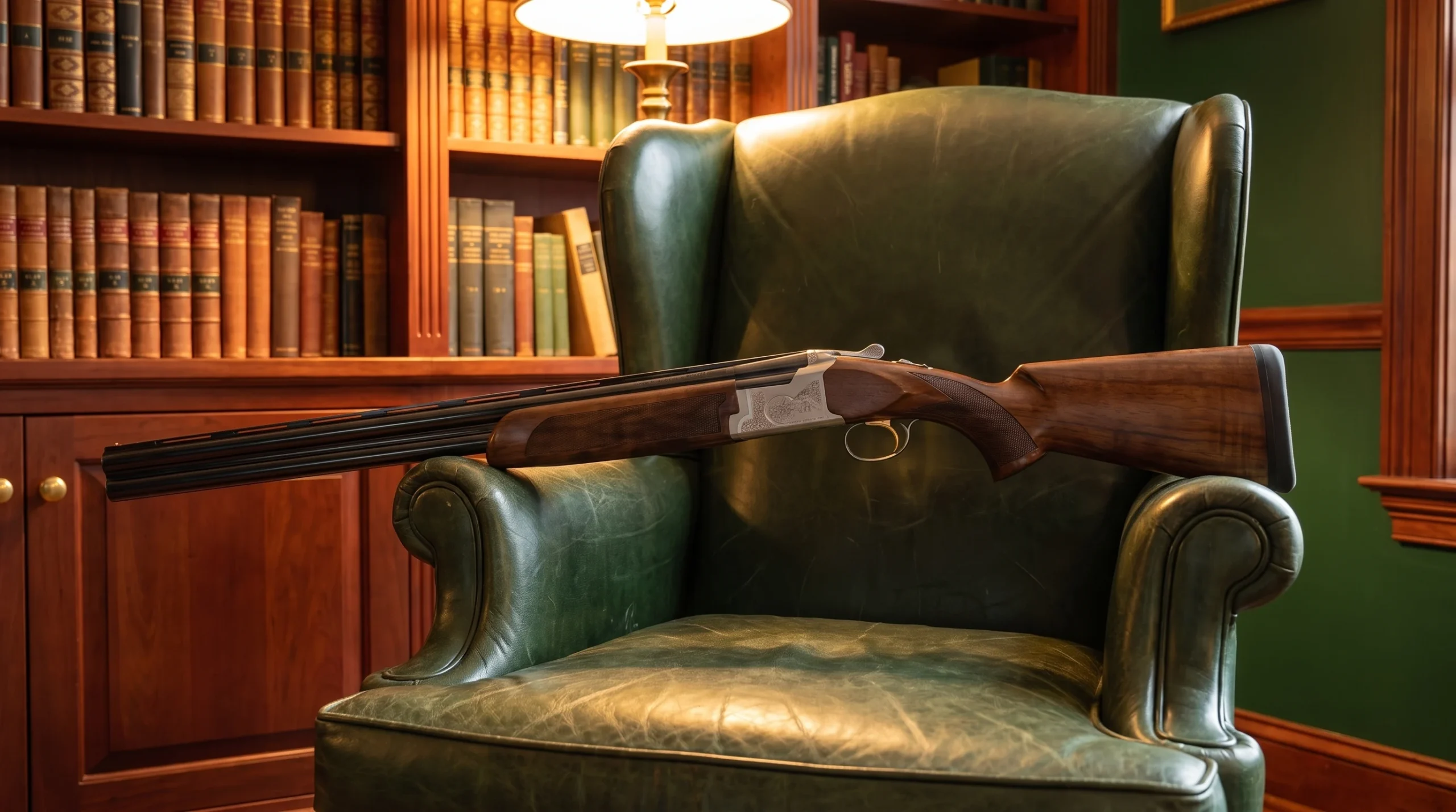 Browning Citori 725 resting on a green leather wingback chair in a private library under warm lamp light