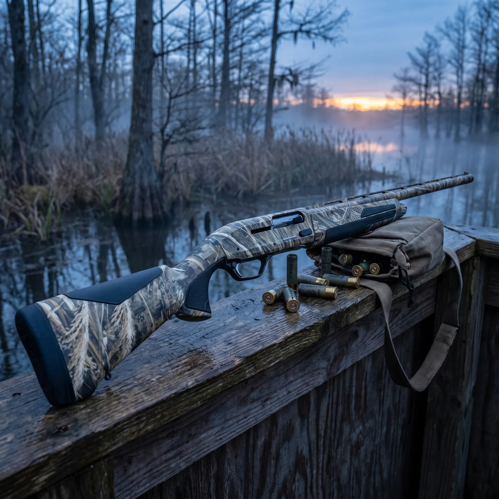 Browning Maxus II shotgun on a duck blind rail at dawn over flooded timber with 12 gauge shells
