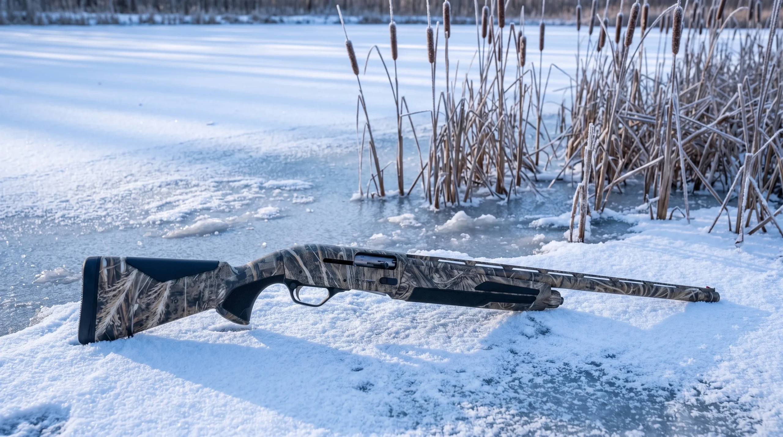 Browning Maxus II on the snowy edge of a frozen pond with brown cattails
