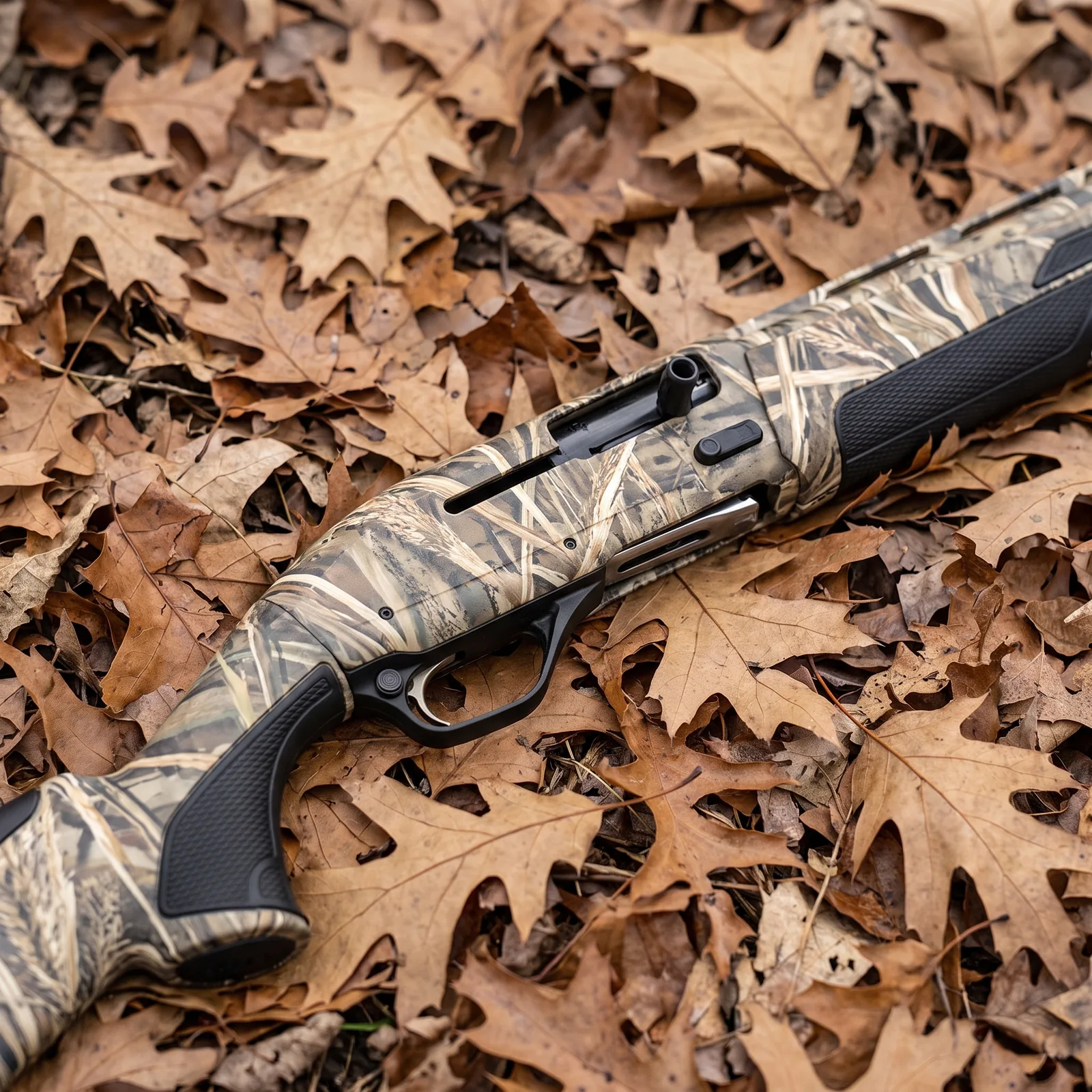 Close up of the Browning Maxus II receiver, ejection port and overmolded grip on fallen oak leaves
