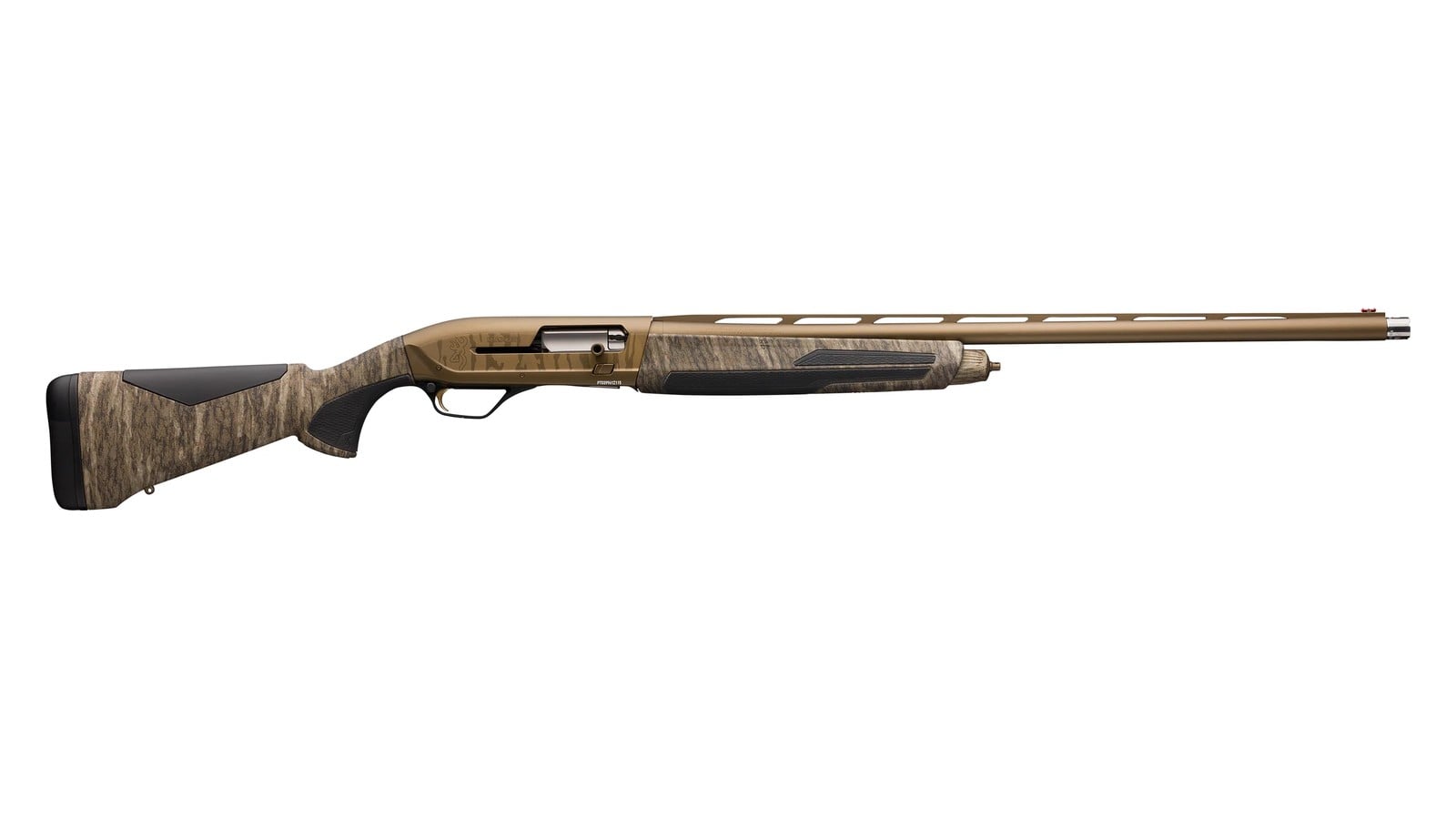 Browning Maxus II Wicked Wing 12 gauge 3.5-inch semi-automatic shotgun in Mossy Oak Bottomland camo with Burnt Bronze Cerakote