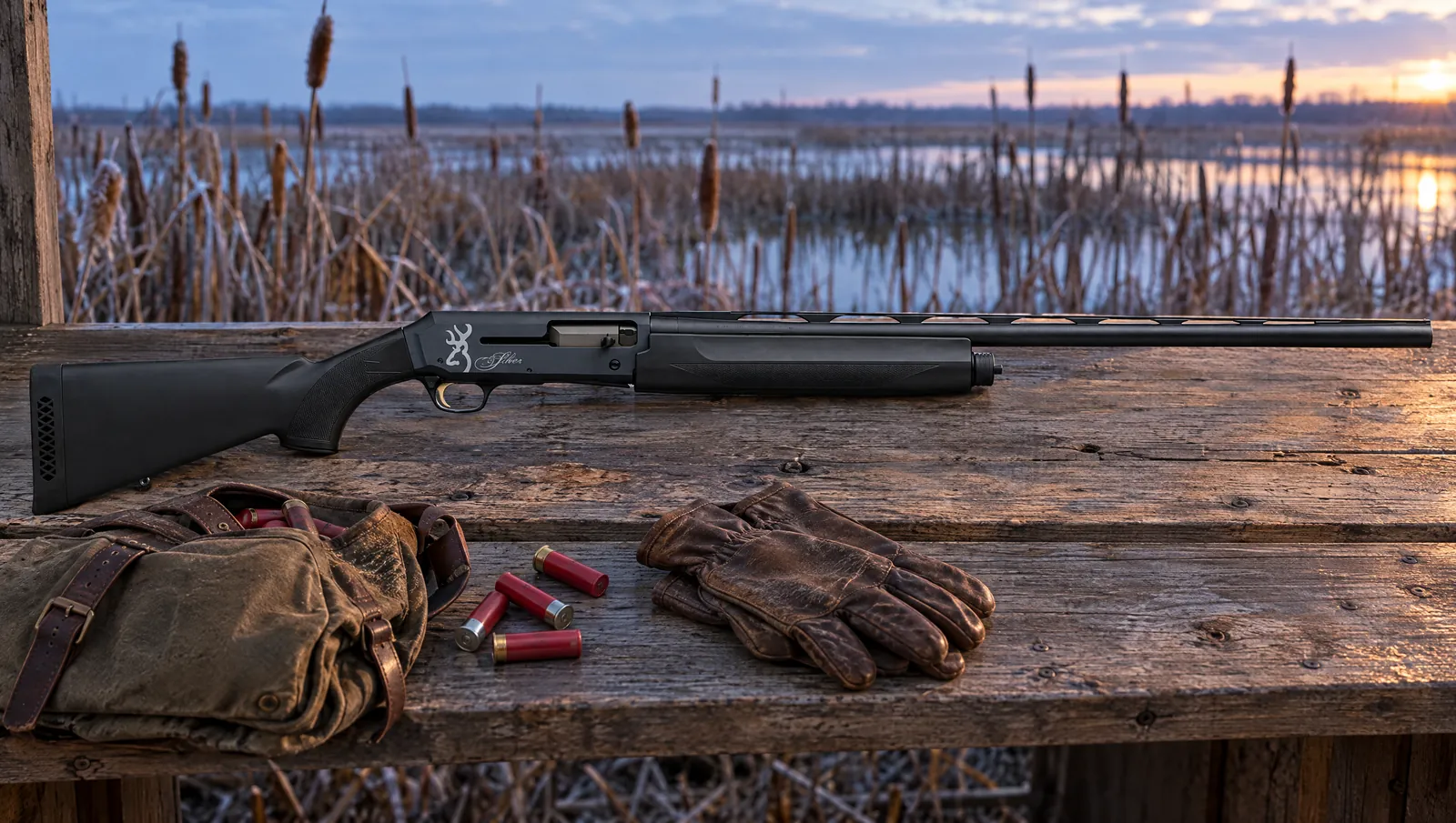 Browning Silver Field Composite 12 gauge semi-auto shotgun with a matte black composite stock and the Buck Mark and Silver script on the receiver, lying on a weathered duck blind bench at dawn beside a canvas shell bag, red 12 gauge shells and leather gloves