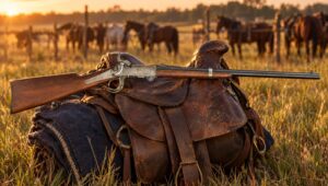 Burnside breech-loading cavalry carbine across a McClellan saddle at golden hour