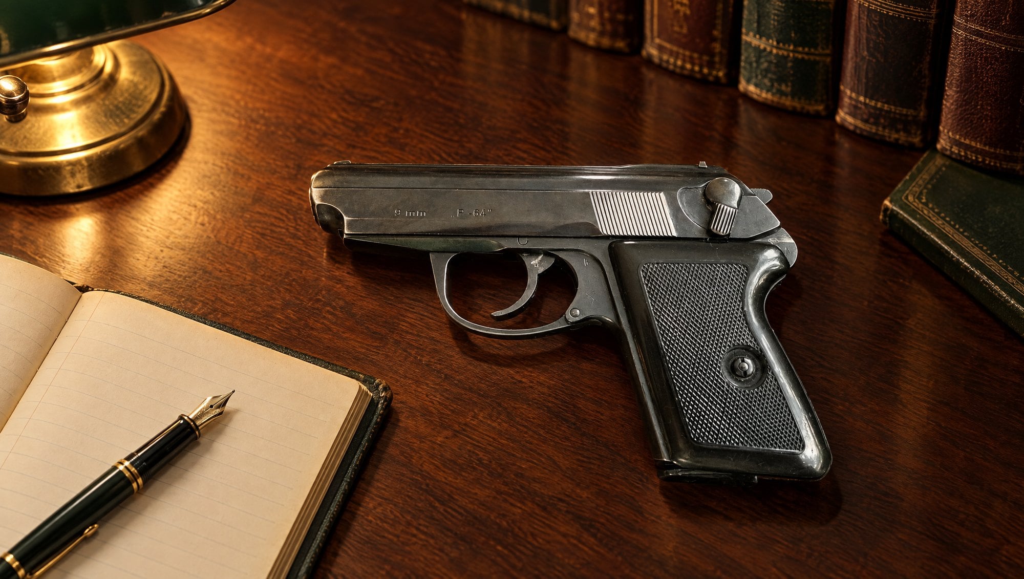 C&R guns: a Polish P-64 pistol on a collector desk beside an open bound book
