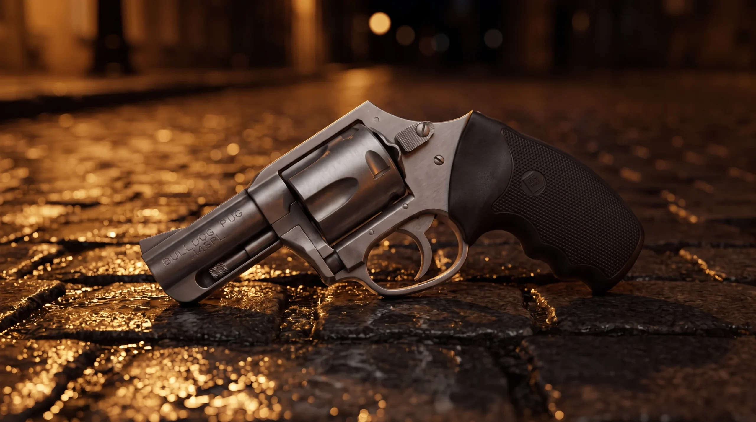 Charter Arms Bulldog on rain wet dark cobblestones at night lit by a warm streetlamp glow with soft bokeh