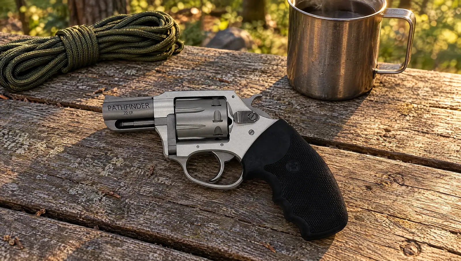 Charter Arms Pathfinder 22 LR revolver with a 2 inch barrel and black rubber grip lying on a weathered picnic table at a forest campsite beside a camp mug and paracord