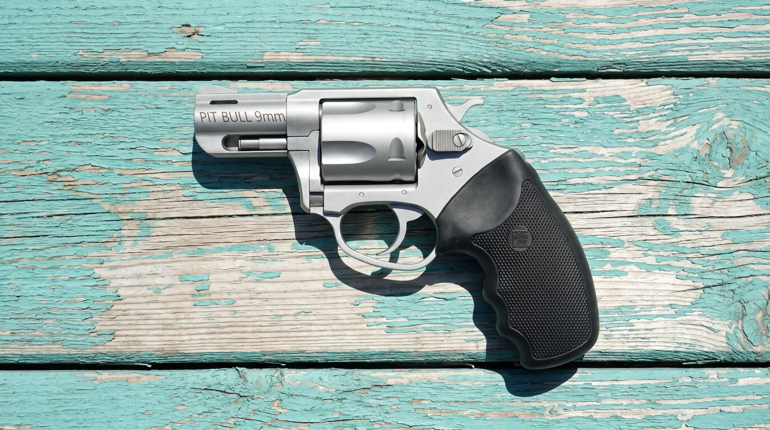 Charter Arms Pitbull on weathered turquoise painted barn wood planks on a bright sunny midday
