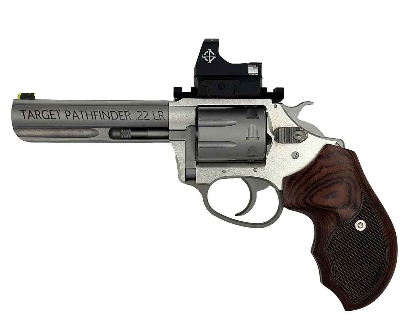 Charter Arms Target Pathfinder 72245 22 LR revolver with a rail-mounted micro red dot and checkered rosewood grip, Charter Arms photo