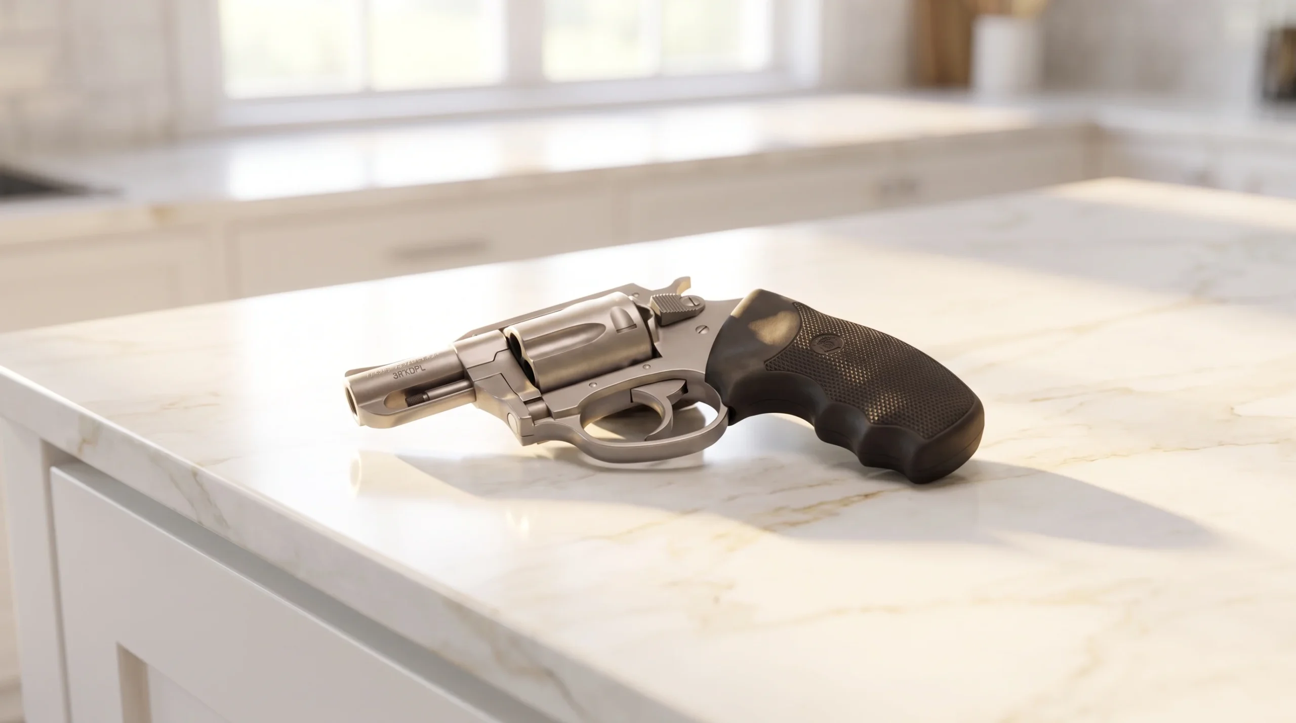 Charter Arms Undercover on a white marble kitchen countertop with soft bright morning window light from behind