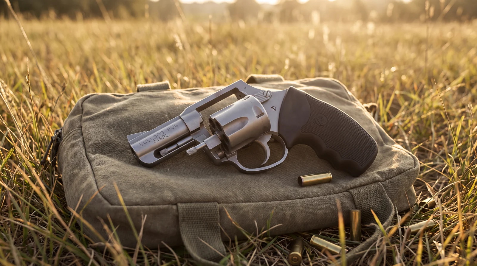 Charter Arms Bulldog Pug 44 Special revolver with the cylinder open on a canvas range bag in dry grass at sunset