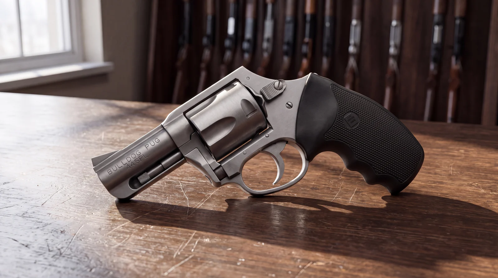 Charter Arms Bulldog Pug stainless 44 Special revolver on a dark walnut gun shop counter in window light