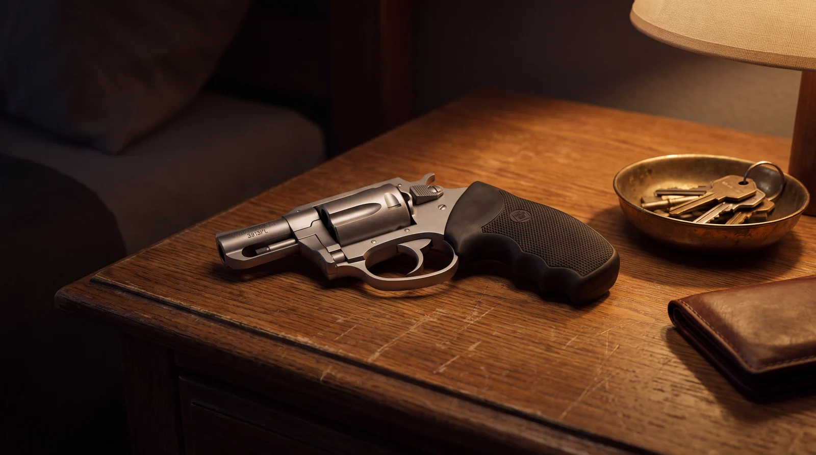 Charter Arms Undercover stainless 38 Special revolver on an oak nightstand under warm lamplight beside a bowl of keys