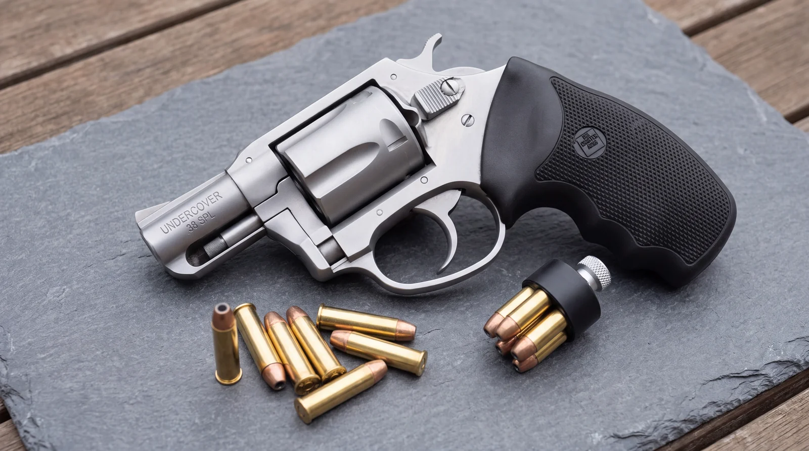 Charter Arms Undercover 38 Special revolver on grey slate with loose cartridges and a loaded speed loader