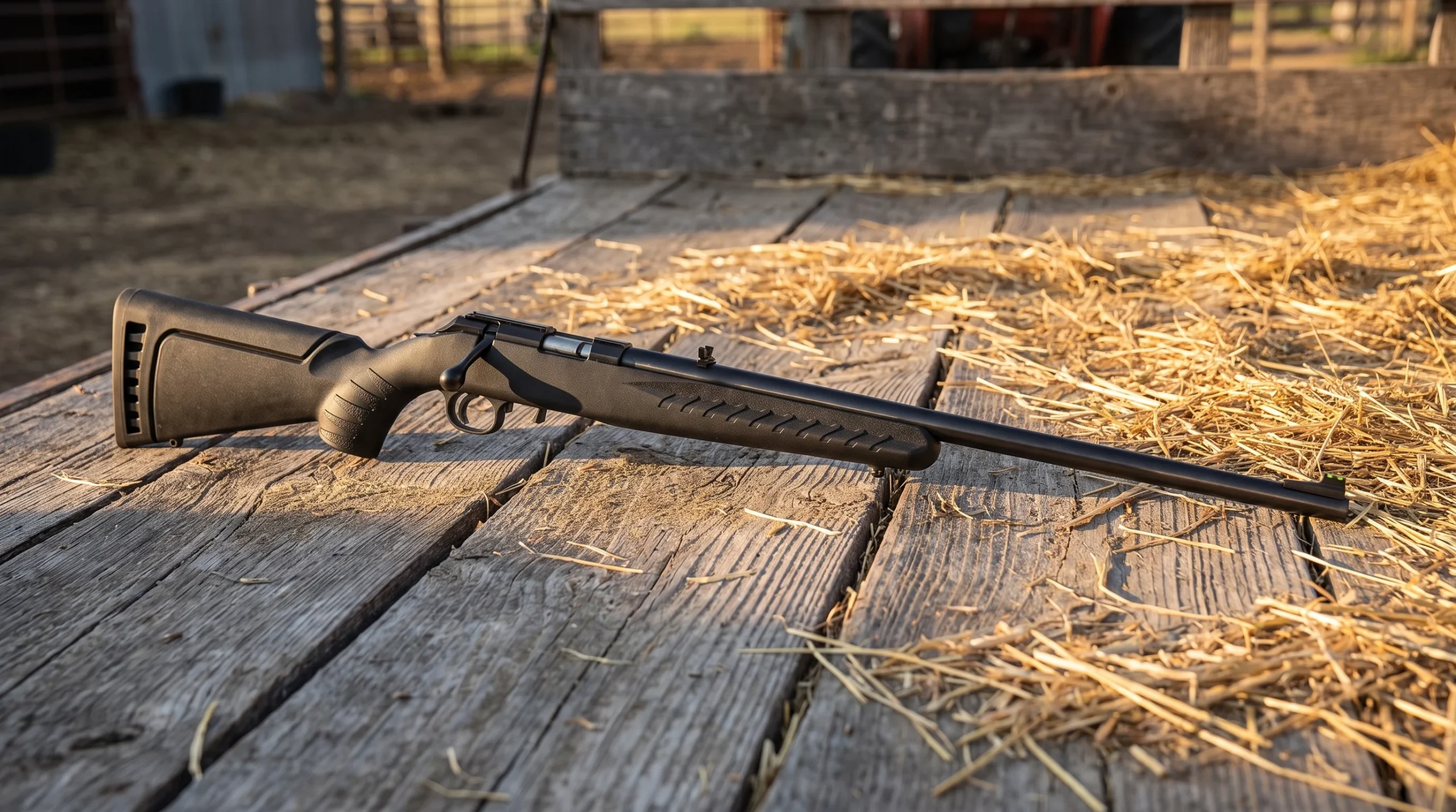 Ruger American Rifle lying on the rough gray plank bed of an old hay wagon in a ranch yard at golden hour with loose straw