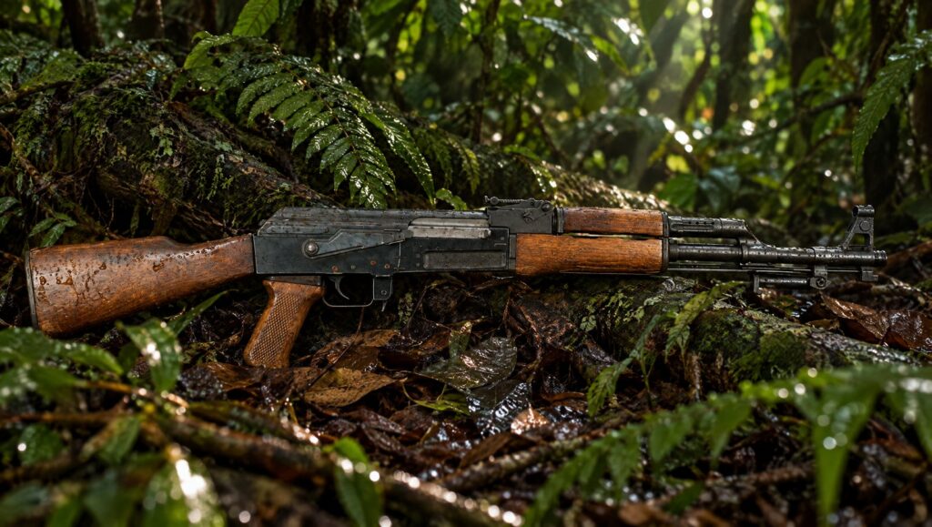 Chinese Type 56 rifle with a wood stock on a rain-wet jungle floor among ferns