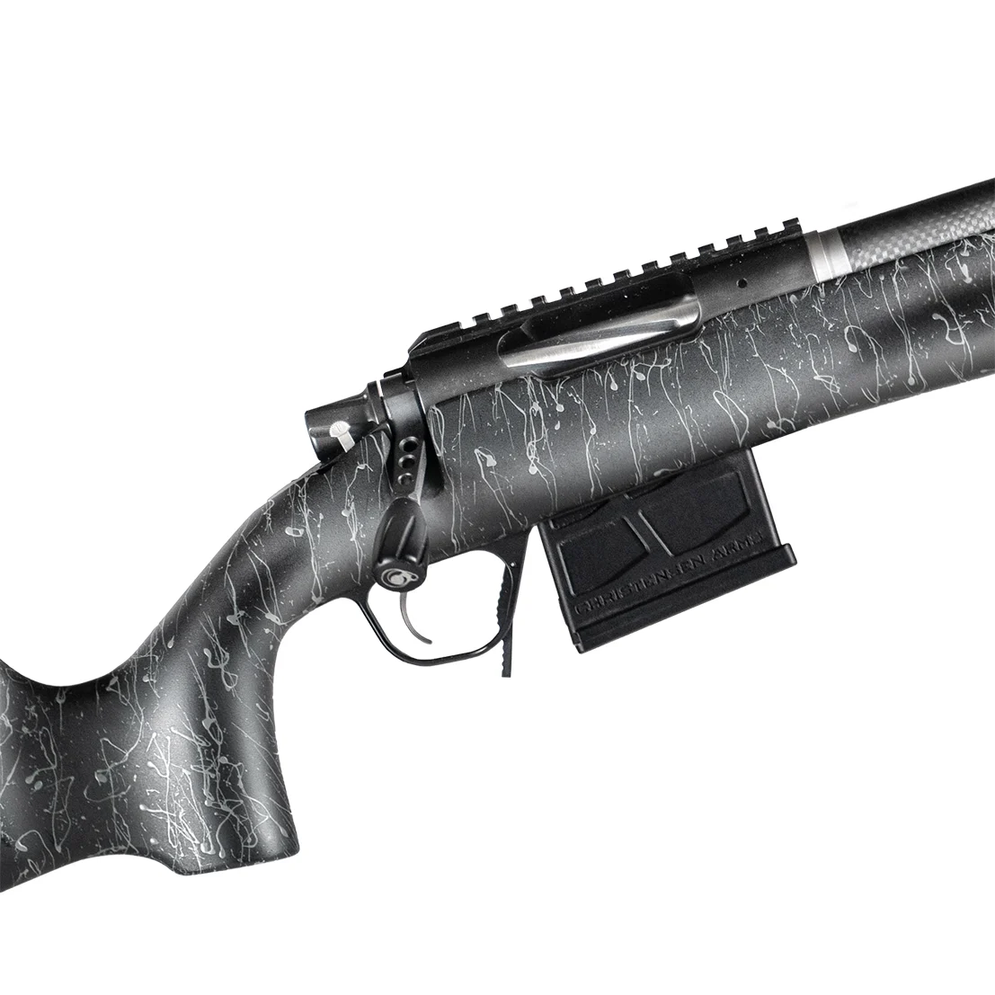 Close-up of the Christensen Arms BA Tactical action showing the spiral fluted bolt, oversized bolt knob, integral rail and AICS-pattern magazine, Christensen Arms photo