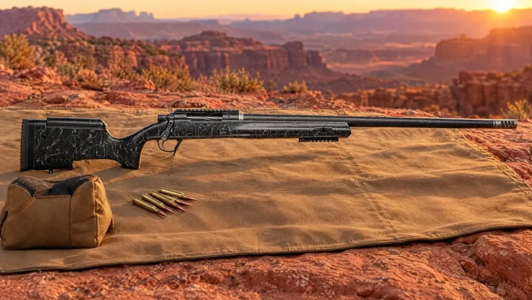 Christensen Arms BA Tactical precision rifle with a carbon fiber barrel and black stock with gray webbing on a canvas shooting mat on red sandstone at sunrise, beside a rear bag and 6.5 Creedmoor cartridges