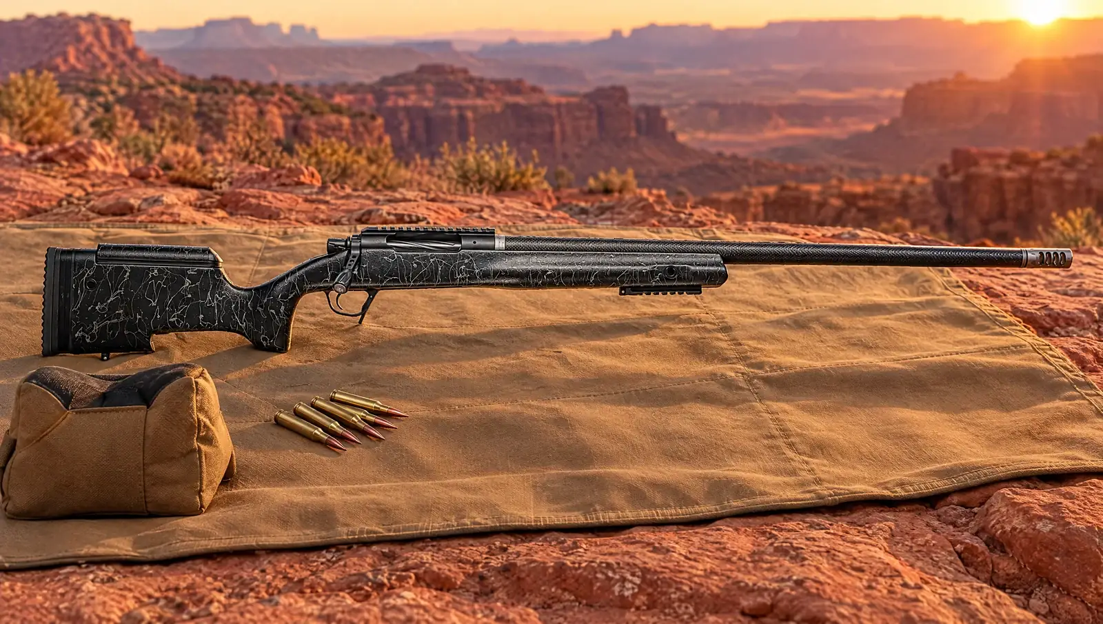 Christensen Arms BA Tactical precision rifle with a carbon fiber barrel and black stock with gray webbing on a canvas shooting mat on red sandstone at sunrise, beside a rear bag and 6.5 Creedmoor cartridges