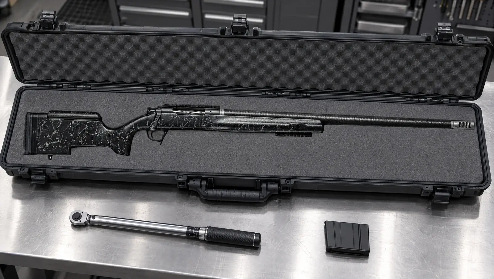 Christensen Arms BA Tactical rifle in an open hard case on a steel workbench next to a torque wrench and a spare AICS magazine