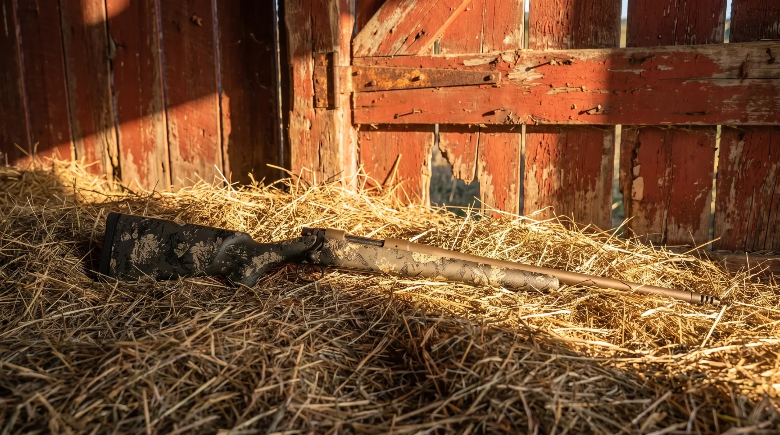 Christensen Arms Mesa FFT bolt-action rifle with carbon fiber stock resting on straw by a red barn wall