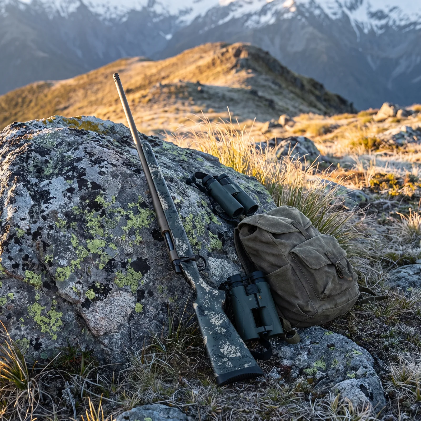 Christensen Arms Mesa FFT rifle leaning against a lichen covered boulder on an alpine ridge at sunrise