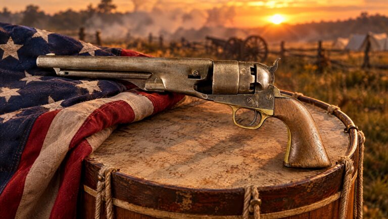 Civil War guns: a Colt 1860 Army revolver on a regimental drum beside a Union flag at sunset