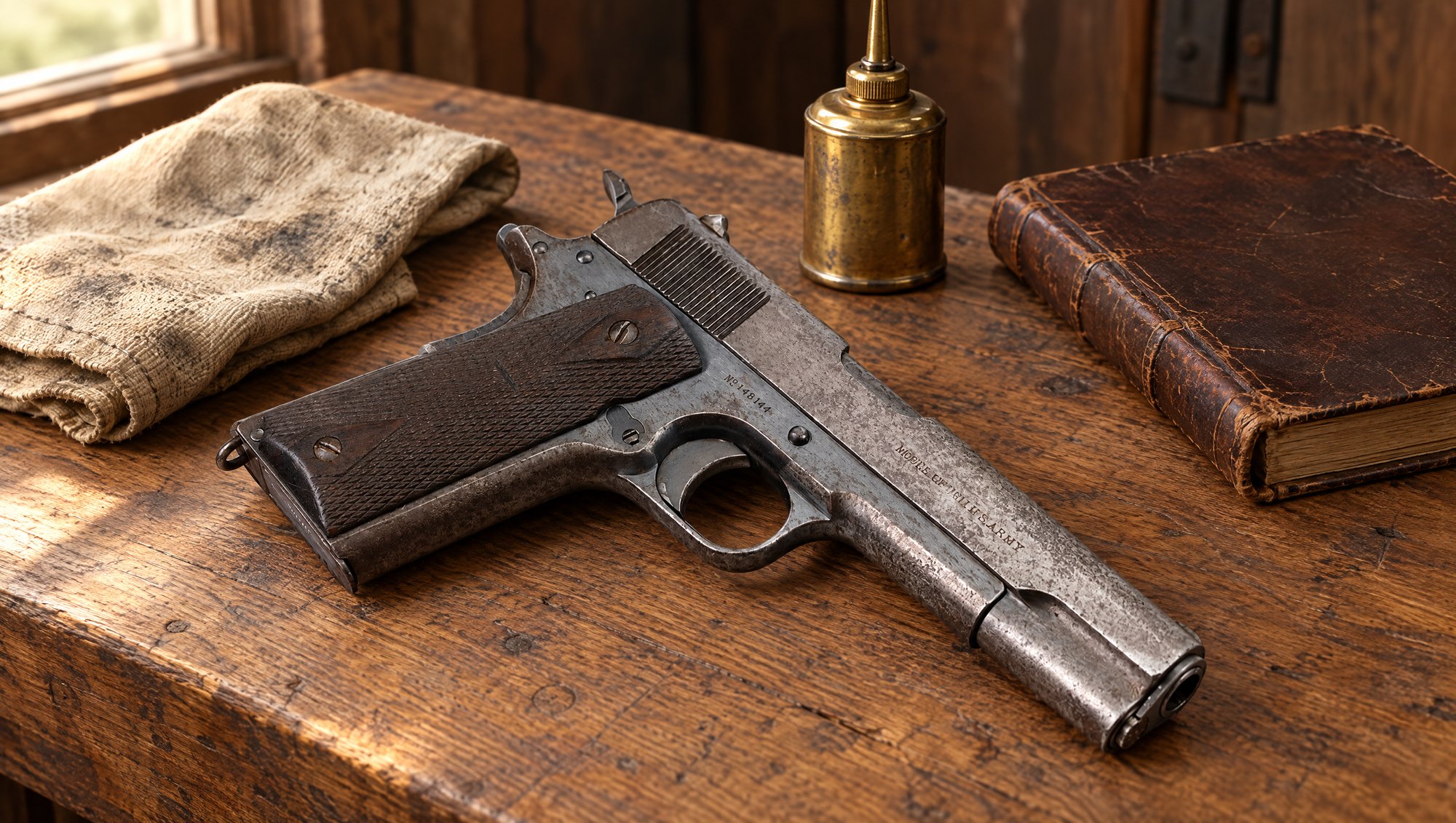 Classic guns every shooter should own: an original Colt Model of 1911 U.S. Army pistol on an oak workbench