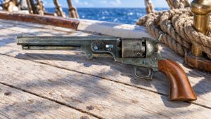 Colt Model 1851 Navy percussion revolver on the deck of a sailing ship beside a coil of rope