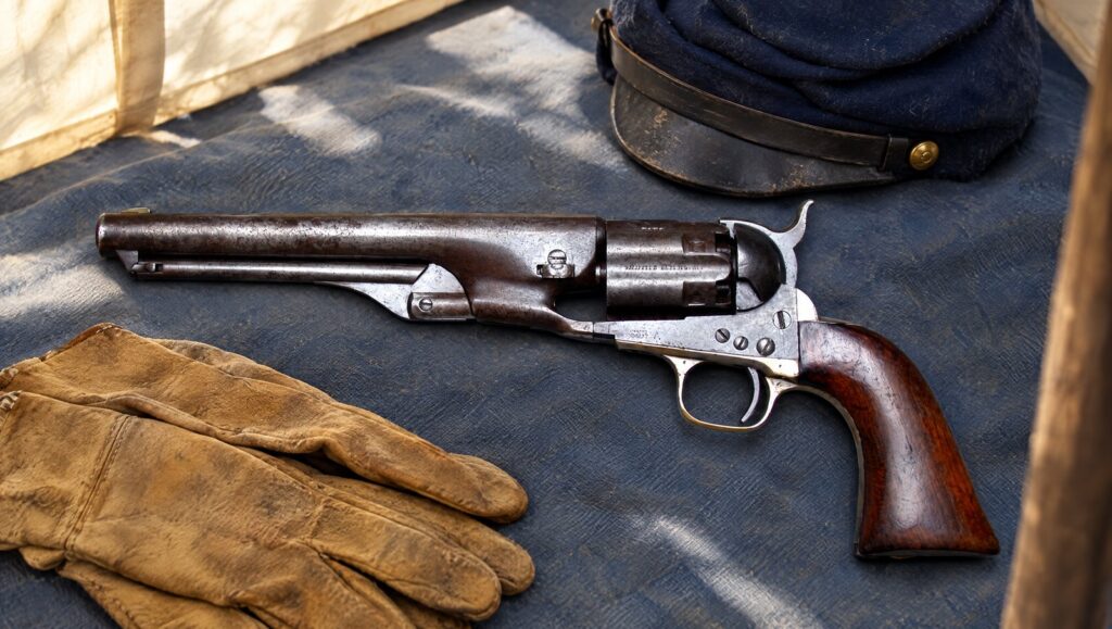 Colt Model 1860 Army percussion revolver on the canvas floor of a Union officer tent at noon