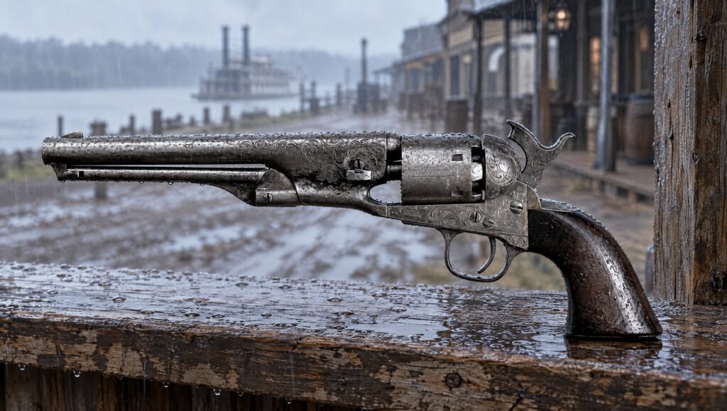 Engraved Colt Model 1861 Navy percussion revolver on a rainy river town porch rail