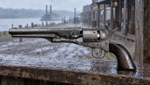 Engraved Colt Model 1861 Navy percussion revolver on a rainy river town porch rail