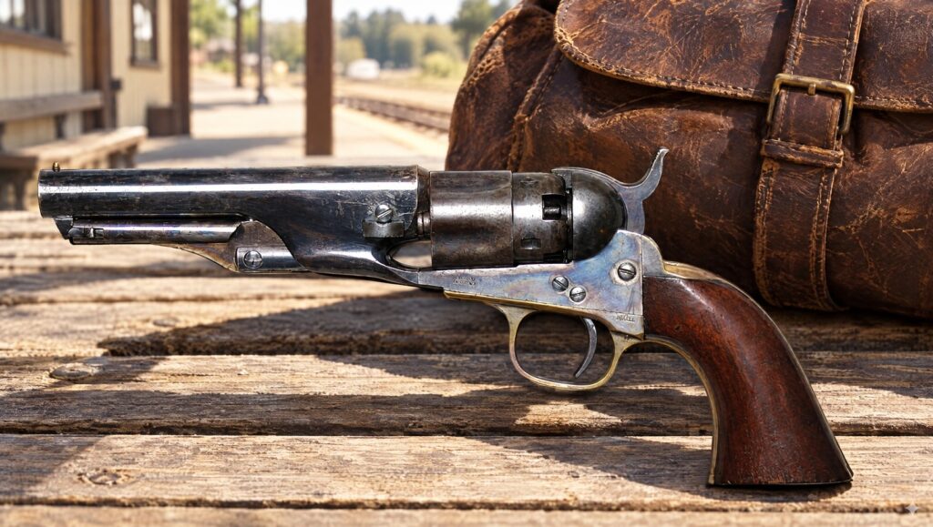 Colt Model 1862 Police pocket revolver on a sunny railroad station bench beside a carpetbag