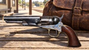 Colt Model 1862 Police pocket revolver on a sunny railroad station bench beside a carpetbag