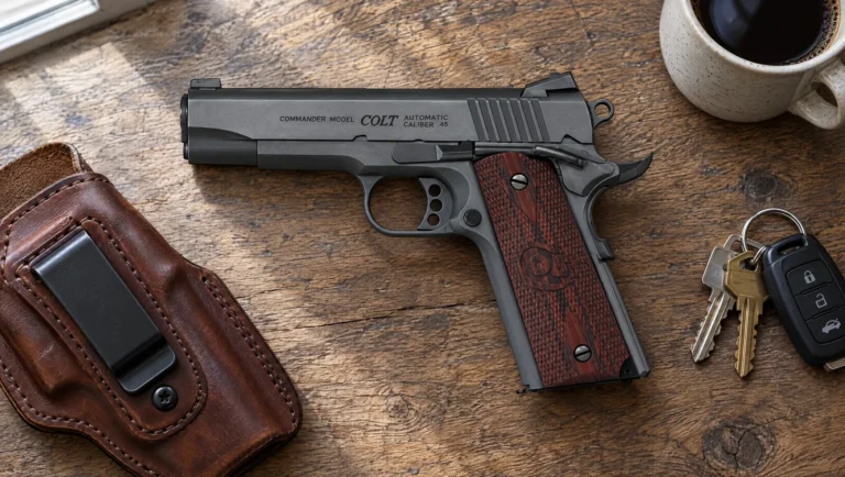 Blued Colt Combat Commander .45 ACP 1911 with red G10 grips lying on an oak desk beside a leather IWB holster, keys and a coffee mug