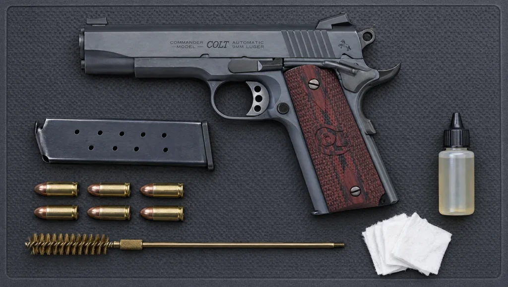 Left side of a blued Colt Commander 9mm marked Commander Model Colt Automatic 9mm Luger, lying on a gun cleaning mat with a spare magazine, 9mm cartridges, a bore brush and patches