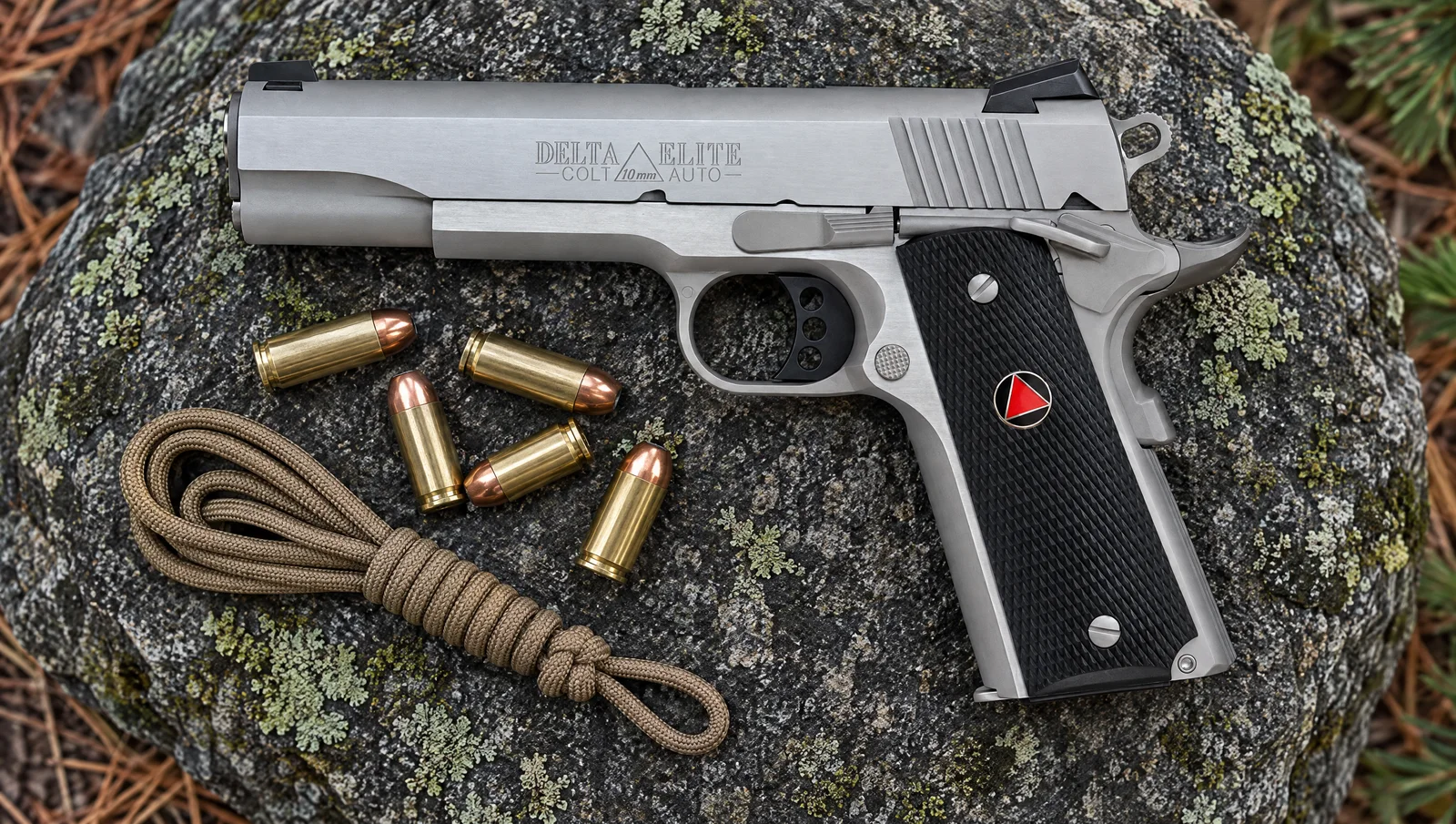 Stainless Colt Delta Elite 10mm 1911 pistol with Delta medallion grips lying on a granite boulder outdoors