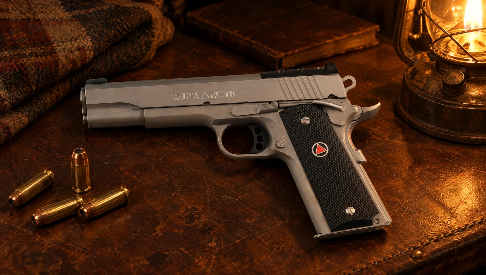 Colt Optics-Ready Delta Elite 10mm with black optics cover plate lying on a leather table in lantern light