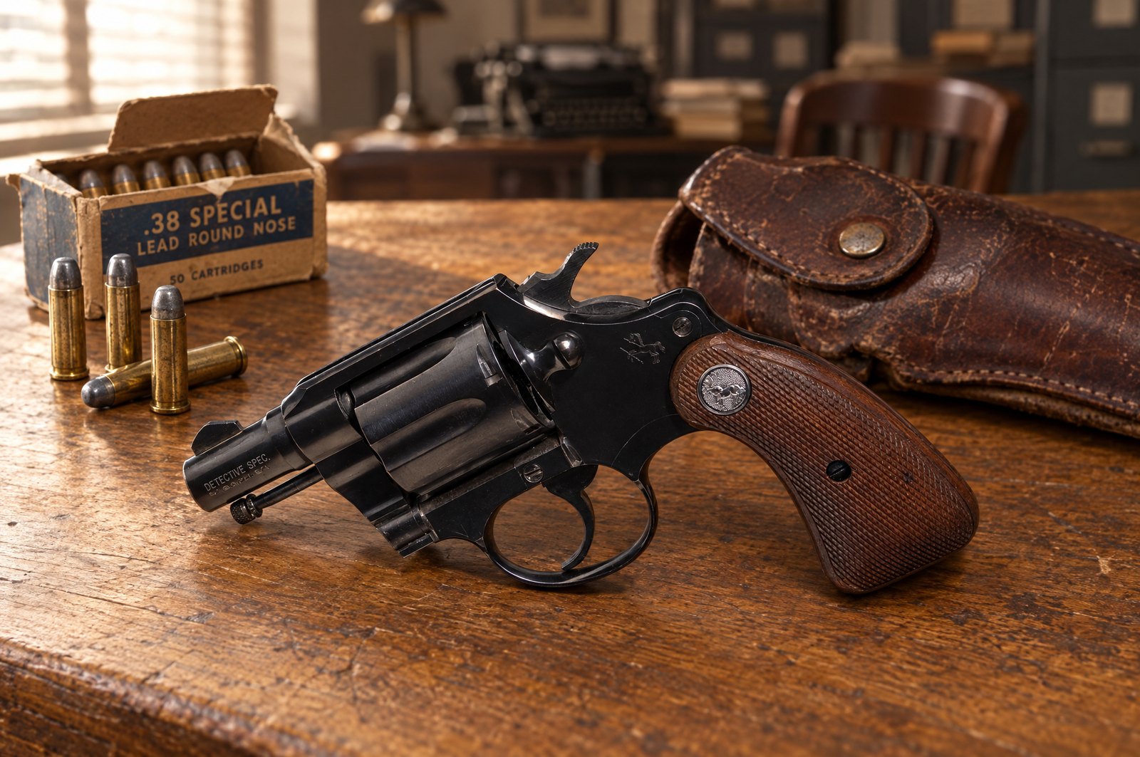 Colt Detective Special revolver on a range bench with .38 Special ammo